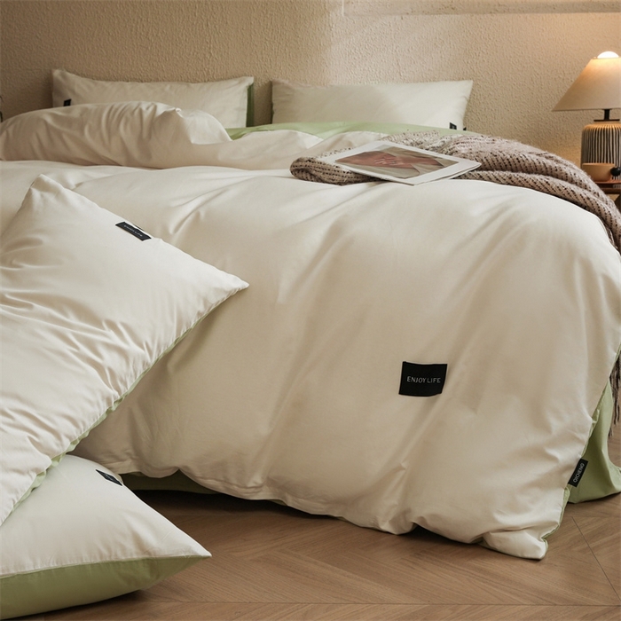 91家纺网 家纺一手货源 找家纺 启程2025新款全棉纯色双拼无印风四件套 奶白+草绿