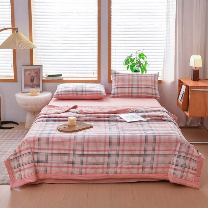 91家纺网 家纺一手货源 找家纺 圣尔雅家纺 2025新款里外全棉色织夏被新疆棉花被纯棉被子空调被夏凉被 粉条格