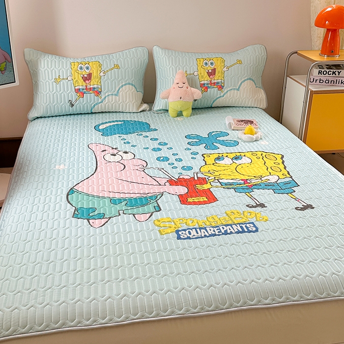 91家纺网 家纺一手货源 找家纺 金爱家 2025新款海绵宝宝乳胶凉席床笠款凉席席子 凉席床笠款-泡泡海绵宝宝