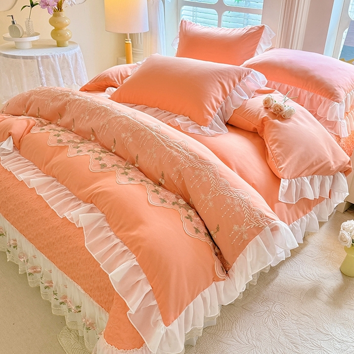 91家纺网 家纺一手货源 找家纺 大麦家纺2025新款年新款亲肤花边款床盖四件套  甜心小姐-落日橘