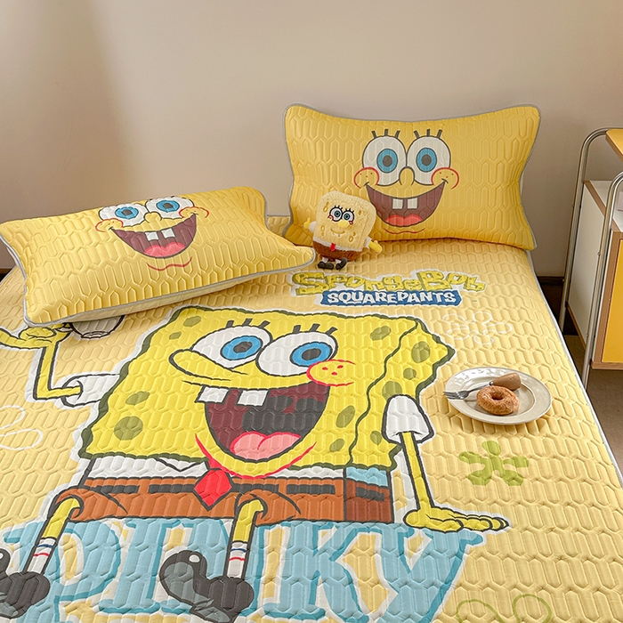 91家纺网 家纺一手货源 找家纺 金爱家 2025新款海绵宝宝乳胶凉席床笠款凉席席子 凉席床笠款-咖啡海绵宝宝