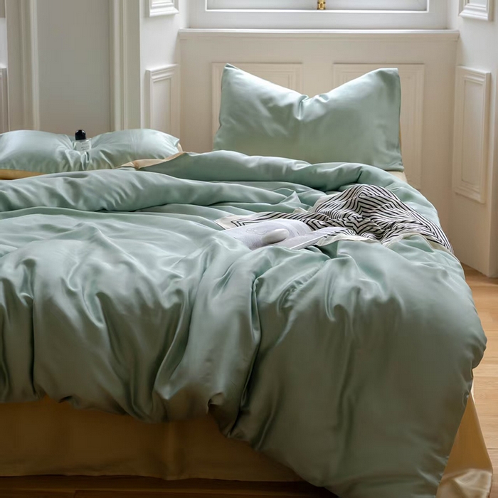 91家纺网 家纺一手货源 找家纺 未来家居 2025新款60S兰精天丝纯色四件套 浅艾绿-香槟金
