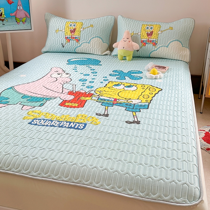 91家纺网 家纺一手货源 找家纺 金爱家 2025新款海绵宝宝乳胶凉席床笠款凉席席子 凉席床笠款-泡泡海绵宝宝