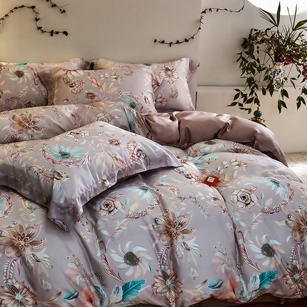 未来家居 2025春夏新款100支莱赛尔天丝贡缎纯色印花系列高端礼盒四件套 霜华