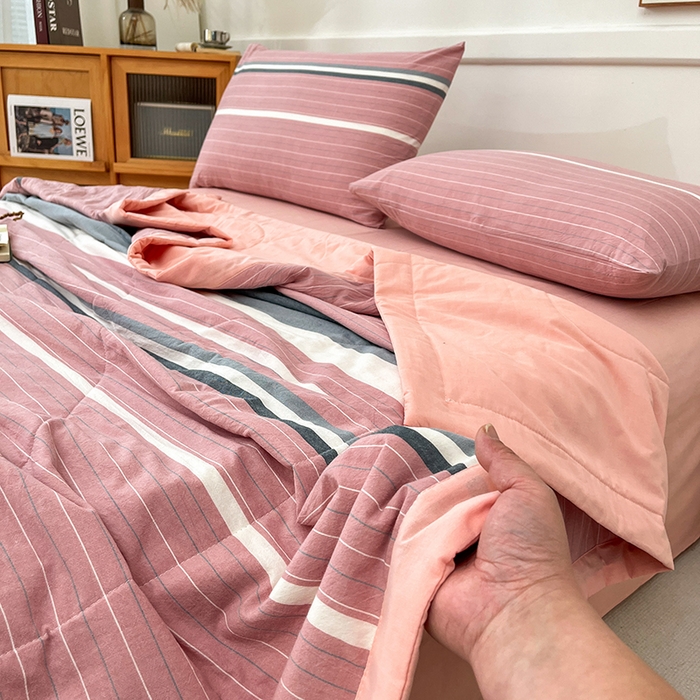 91家纺网 家纺一手货源 找家纺 鸣升家纺 2025新款100%里外全棉棉花夏被无印风全棉色织水洗棉夏凉被空调被夏被春秋被单人可机洗 格林粉