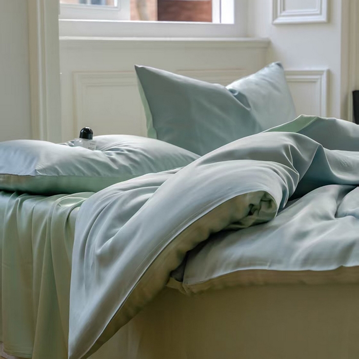 91家纺网 家纺一手货源 找家纺 未来家居 2025新款60S兰精天丝纯色四件套 天空蓝-浅艾绿