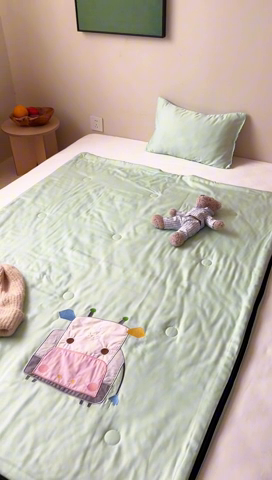 91家纺网 家纺一手货源 找家纺 喜多兔儿童家纺 2025新款萌宝系列40S纯棉夏季睡袋防踢被 绿色小牛宝宝