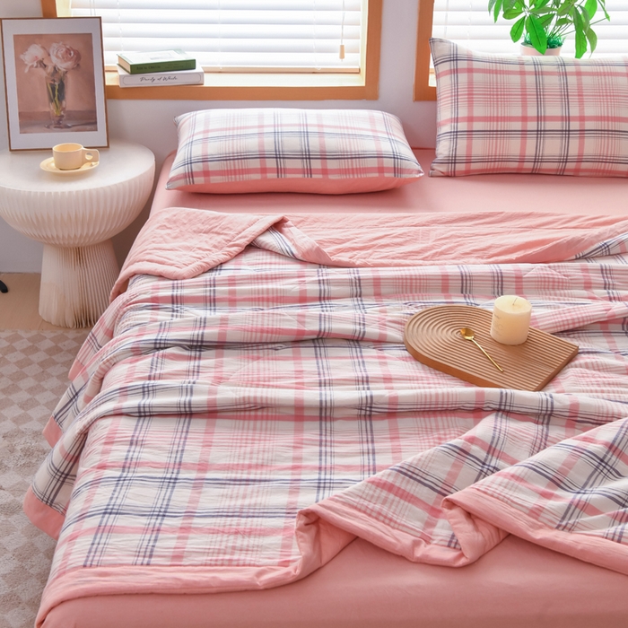 91家纺网 家纺一手货源 找家纺 圣尔雅家纺 2025新款里外全棉色织夏被新疆棉花被纯棉被子空调被夏凉被 粉条格