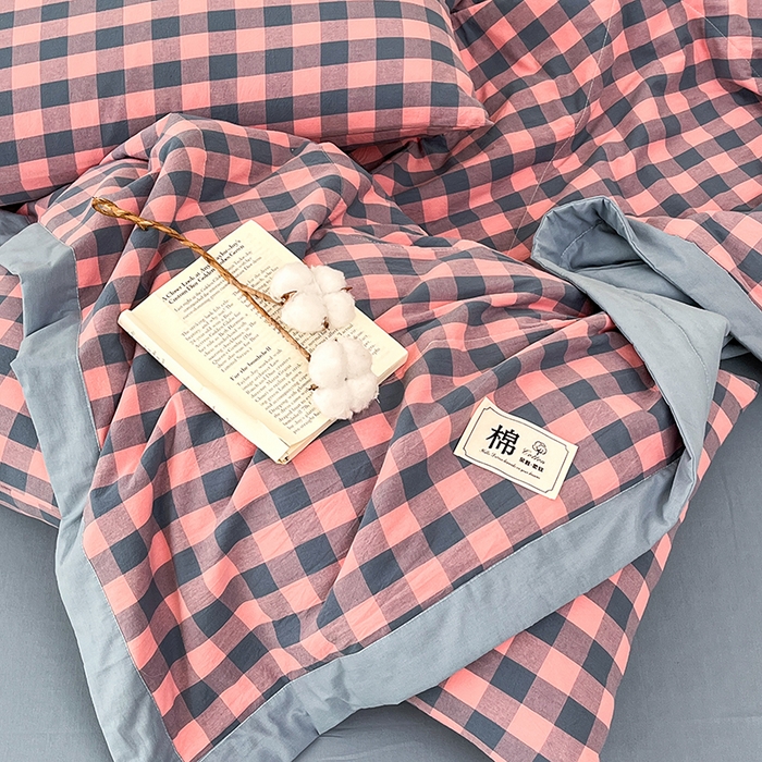 91家纺网 家纺一手货源 找家纺 鸣升家纺 2025新款100%里外全棉棉花夏被无印风全棉色织水洗棉夏凉被空调被夏被春秋被单人可机洗 粉灰小格