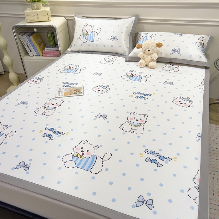 91家纺网 家纺一手货源 找家纺 摩妮卡 2025小清新数码冰丝席 碳光席三件套 蓝点萌犬