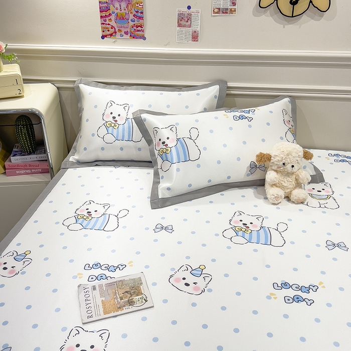 91家纺网 家纺一手货源 找家纺 摩妮卡 2025小清新数码冰丝席 碳光席三件套 蓝点萌犬