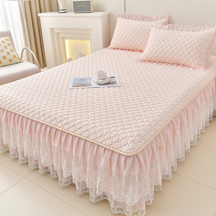 91家纺网 家纺一手货源 找家纺 民新家纺 2025新款凉感丝床裙乳胶凉席系列 唯美-淡雅粉