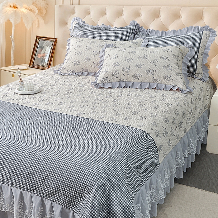 91家纺网 家纺一手货源 找家纺 梦柏 2025新款韩版双层纱夹棉绗缝床盖夏被四件套 芳香