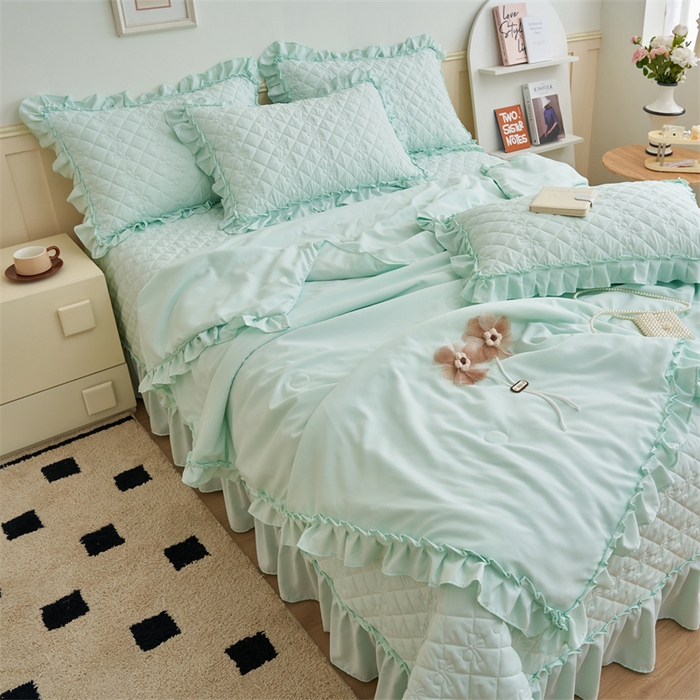 91家纺网 家纺一手货源 找家纺 恒爱家纺 2025新款针织棉立体扶桑花夏被床盖四件套 淡海蓝