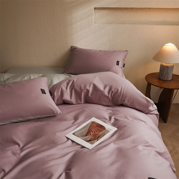 91家纺网 家纺一手货源 找家纺 启程2025新款全棉纯色双拼无印风四件套 香芋紫+绅士灰