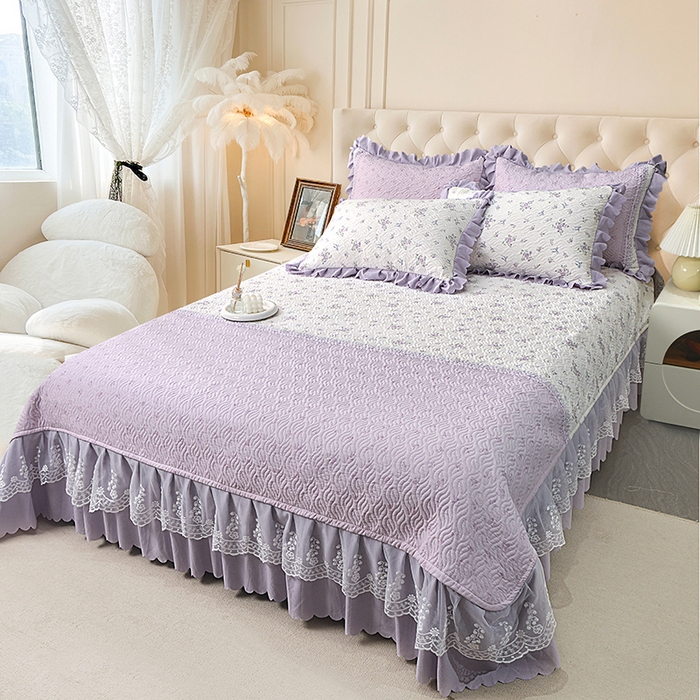 91家纺网 家纺一手货源 找家纺 梦柏 2025新款韩版双层纱夹棉绗缝床盖夏被四件套 花溪