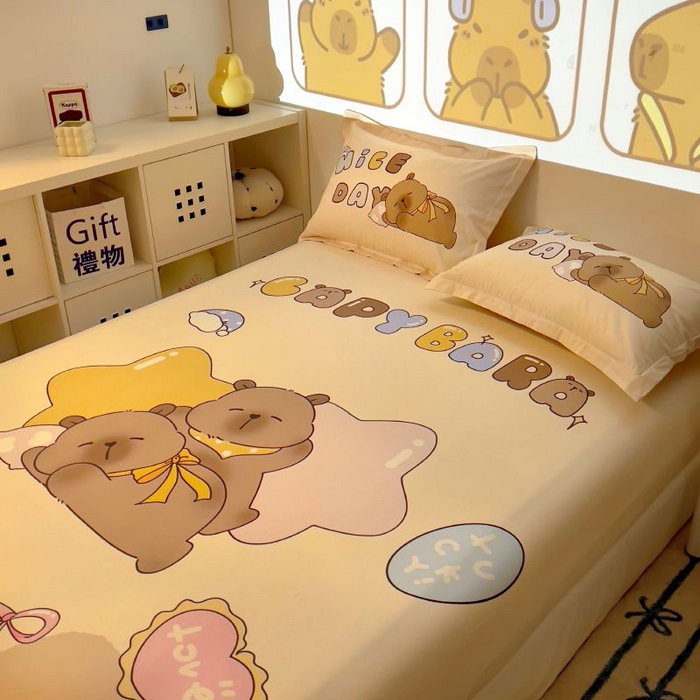 91家纺网 家纺一手货源 找家纺 浩诚2025新款卡皮巴拉原创IP全棉大版单床笠单枕套-有作品登记证书 睡梦巴拉