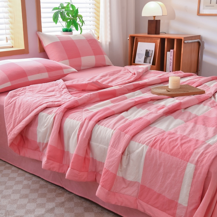 91家纺网 家纺一手货源 找家纺 圣尔雅家纺 2025新款里外全棉色织夏被新疆棉花被纯棉被子空调被夏凉被 粉大格