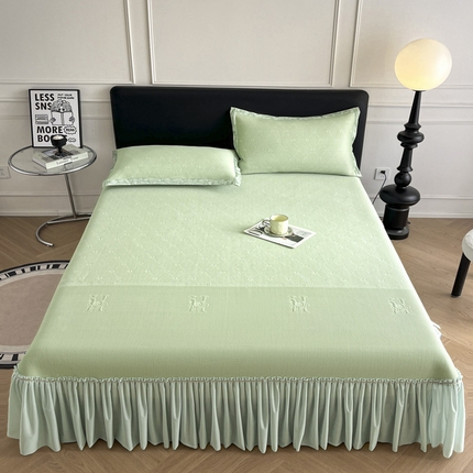 鑫琪莱  2025新款5D立体雕花凉感豆豆冰丝床裙三件套 床裙H款-绿