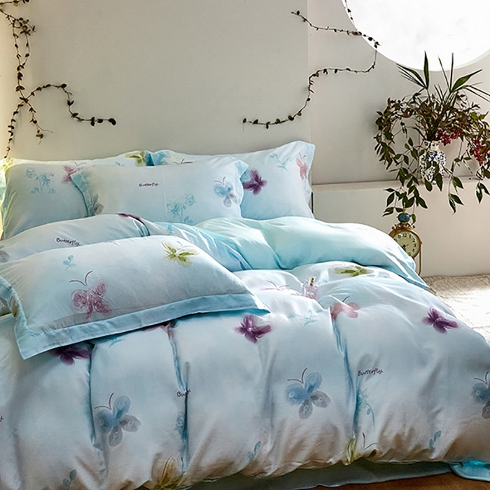 91家纺网 家纺一手货源 找家纺 未来家居 2025春夏新款100支莱赛尔天丝贡缎纯色印花系列高端礼盒四件套 蝶舞