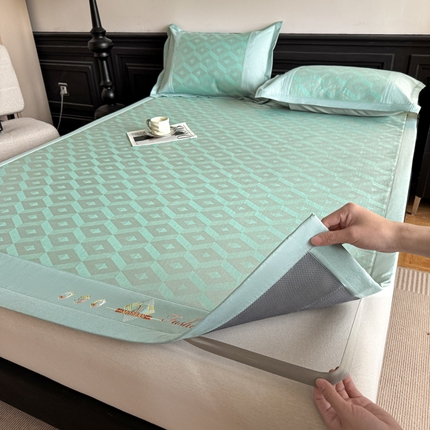 鑫琪莱家纺 2025新款冰柔凉感丝凉席席子三件套 摩登立方-绿-床席款