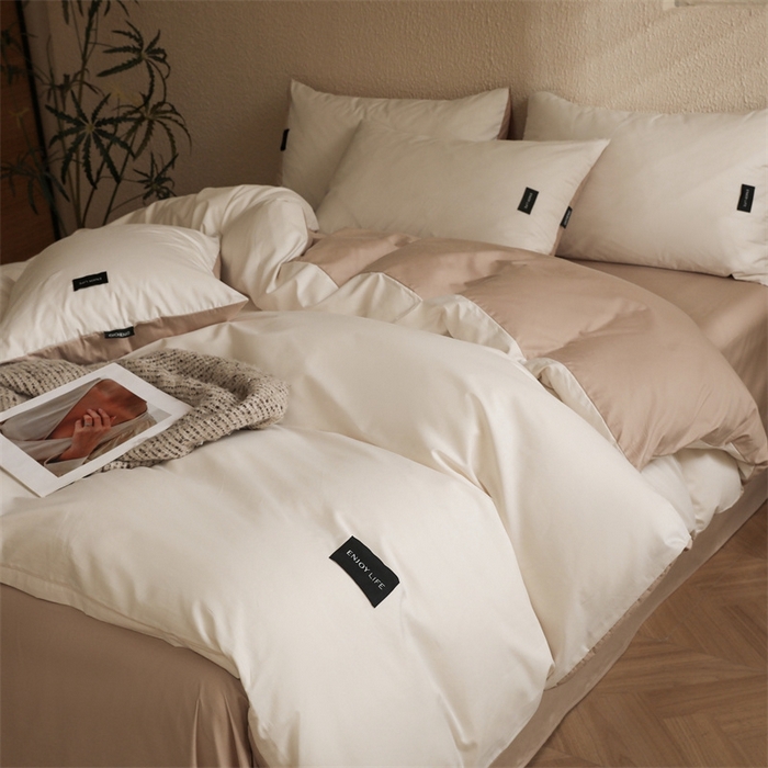 91家纺网 家纺一手货源 找家纺 启程2025新款全棉纯色双拼无印风四件套 奶白+杏仁
