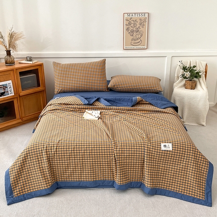 鸣升家纺 2025新款100%里外全棉棉花夏被无印风全棉色织水洗棉夏凉被空调被夏被春秋被单人可机洗 简格桔