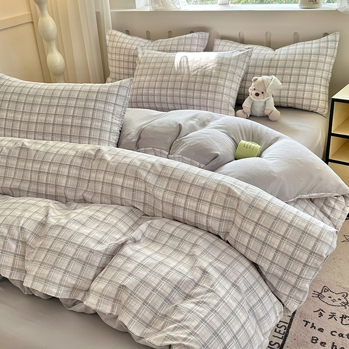 91家纺网 家纺一手货源 找家纺 玖明2025新款A类加厚柔软针织棉双层纱四件套 格纹经典