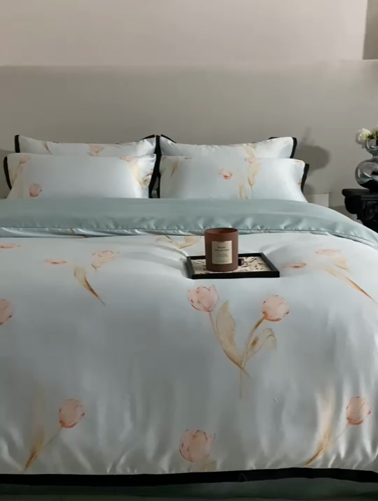 91家纺网 家纺一手货源 找家纺 优悦 2025新款冰丝数码印花四件套 花期-绿