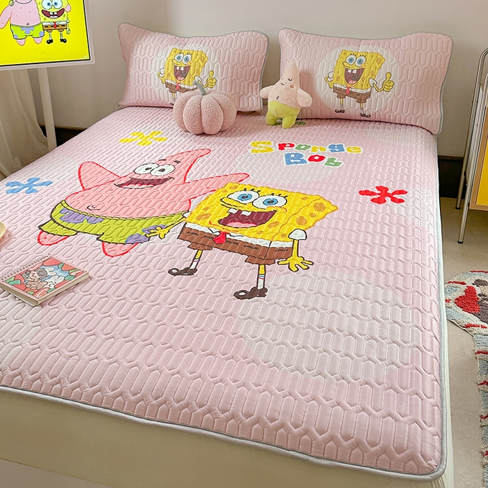 91家纺网 家纺一手货源 找家纺 金爱家 2025新款海绵宝宝乳胶凉席床笠款凉席席子 凉席床笠款-粉粉海绵宝宝
