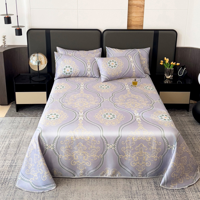 91家纺网 家纺一手货源 找家纺 纽缦家纺 2025新款印花冰丝防滑床单 一览芳华紫