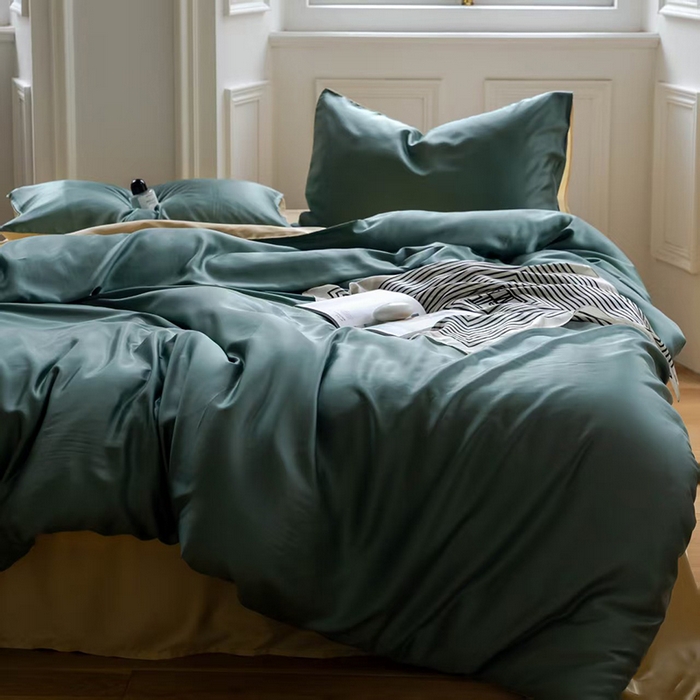 91家纺网 家纺一手货源 找家纺 未来家居 2025新款60S兰精天丝纯色四件套 天青色-香槟金