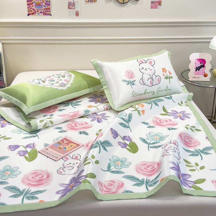 91家纺网 家纺一手货源 找家纺 摩妮卡 2025小清新数码冰丝席 碳光席三件套 缤纷兔语