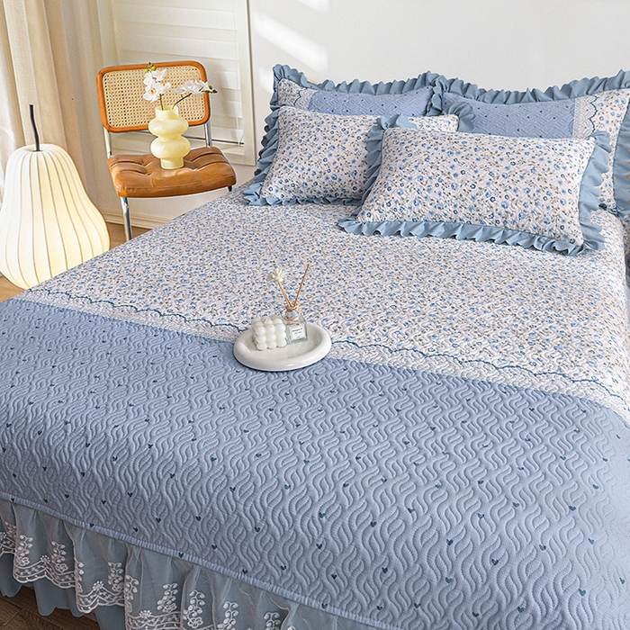 91家纺网 家纺一手货源 找家纺 梦柏 2025新款韩版双层纱夹棉绗缝床盖夏被四件套 幽香