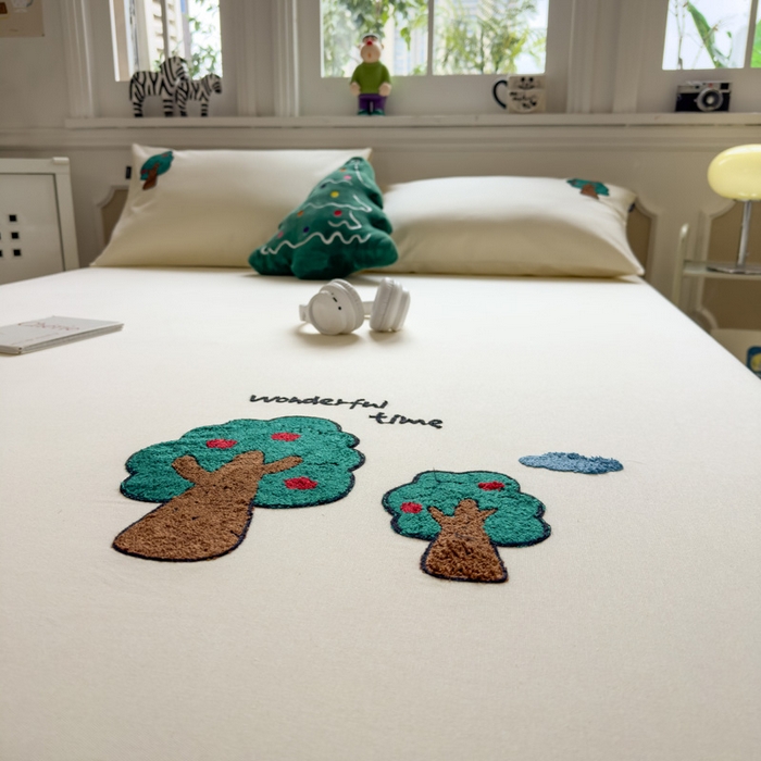 91家纺网 家纺一手货源 找家纺 席世家 2025春夏新款全棉纯棉老粗布印花床笠凉席席子 苹果树