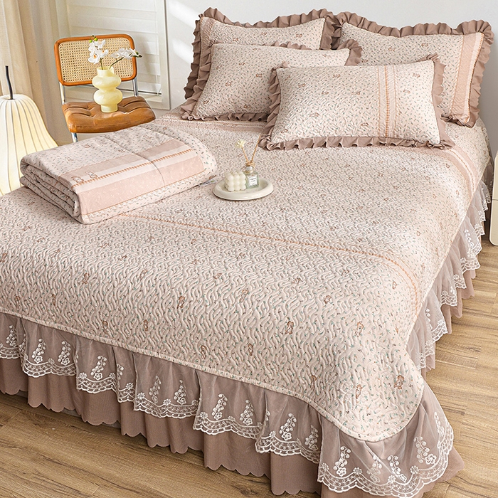 91家纺网 家纺一手货源 找家纺 梦柏 2025新款韩版双层纱夹棉绗缝床盖夏被四件套 萌小兔