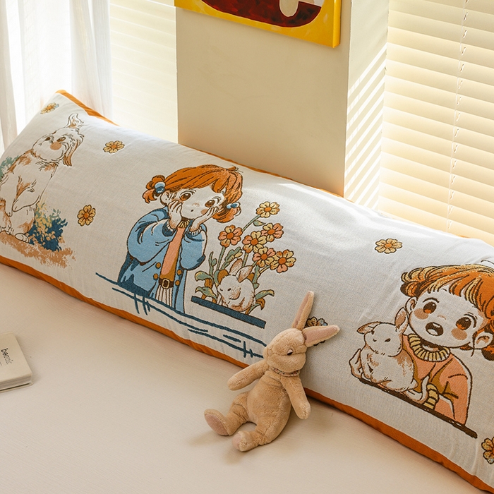 91家纺网 家纺一手货源 找家纺 雯雨2025新款A类卡通双人纱布枕套 花团女孩