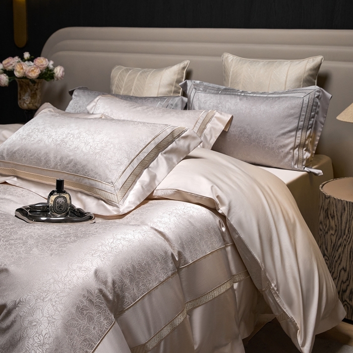 91家纺网 家纺一手货源 找家纺 榻尚家居 2025新款高精密贡缎色织大提花四件套 夜曲 香槟