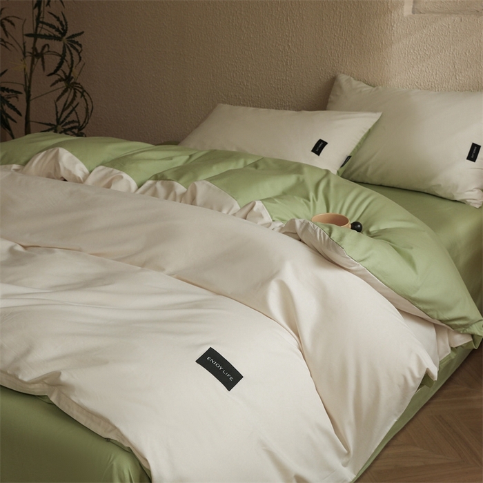 91家纺网 家纺一手货源 找家纺 启程2025新款全棉纯色双拼无印风四件套 奶白+草绿