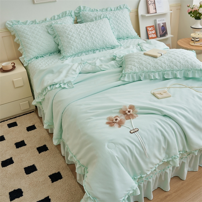 91家纺网 家纺一手货源 找家纺 恒爱家纺 2025新款针织棉立体扶桑花夏被床盖四件套 淡海蓝