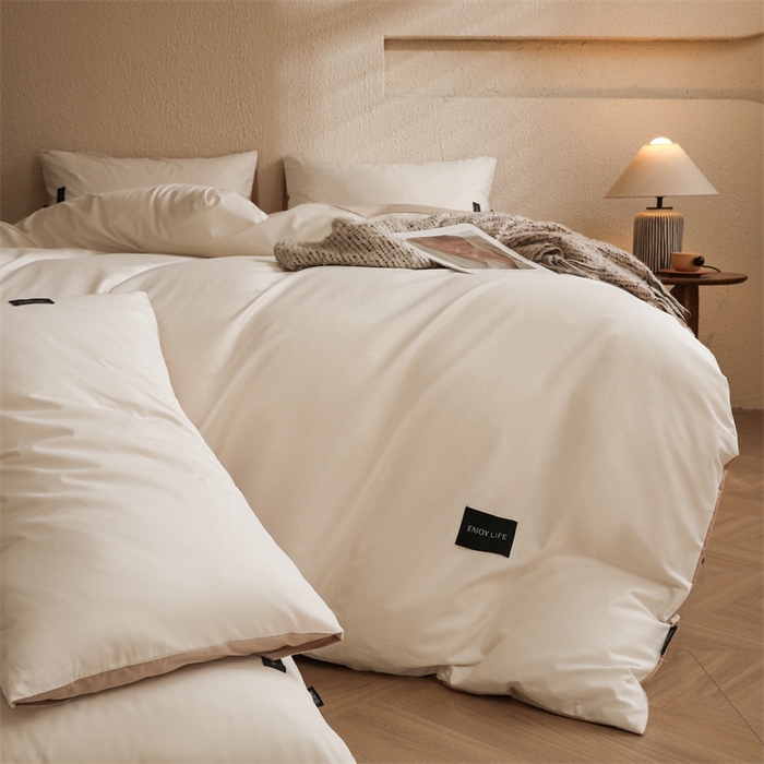 91家纺网 家纺一手货源 找家纺 启程2025新款全棉纯色双拼无印风四件套 奶白+杏仁