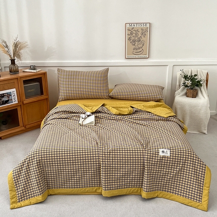 鸣升家纺 2025新款100%里外全棉棉花夏被无印风全棉色织水洗棉夏凉被空调被夏被春秋被单人可机洗 简格黄