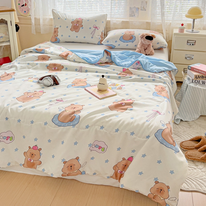 91家纺网 家纺一手货源 找家纺 2025春夏新款嵌绳款云柔水洗棉单夏被夏凉被空调被 嵌绳夏被-星星卡皮