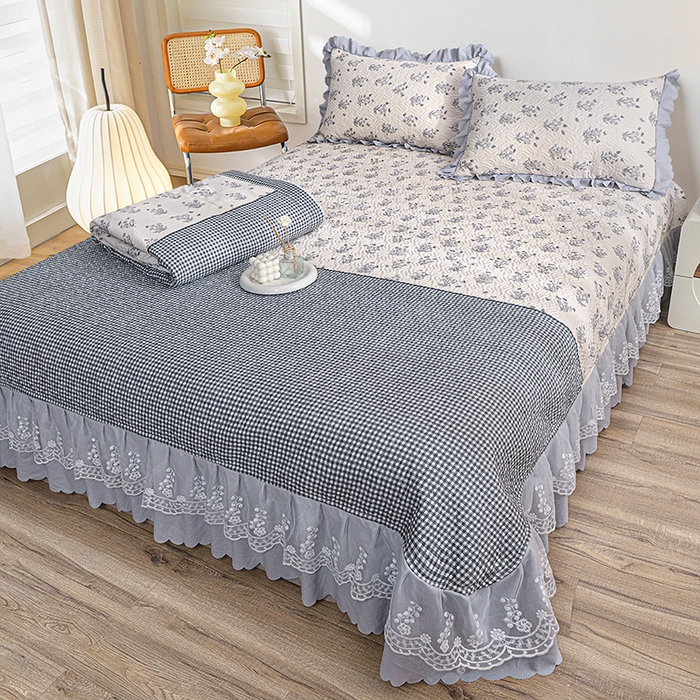 91家纺网 家纺一手货源 找家纺 梦柏 2025新款韩版双层纱夹棉绗缝床盖夏被四件套 芳香