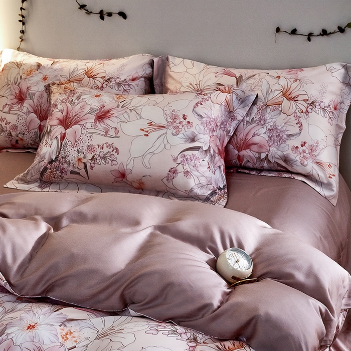 91家纺网 家纺一手货源 找家纺 未来家居 2025春夏新款100支莱赛尔天丝贡缎纯色印花系列高端礼盒四件套 锦梦