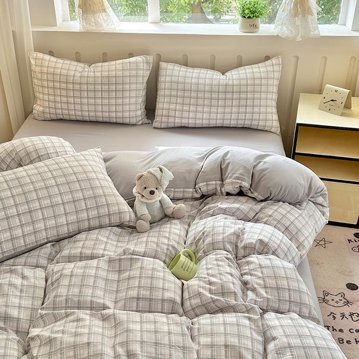 91家纺网 家纺一手货源 找家纺 玖明2025新款A类加厚柔软针织棉双层纱四件套 格纹经典