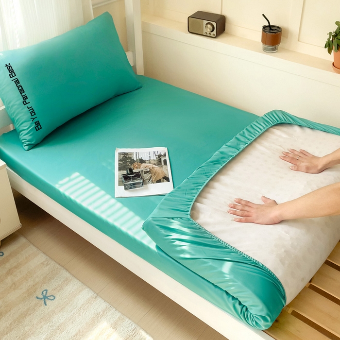 91家纺网 家纺一手货源 找家纺 纽缦家纺 2025新款纯色提花学生冰丝床笠 薄荷绿