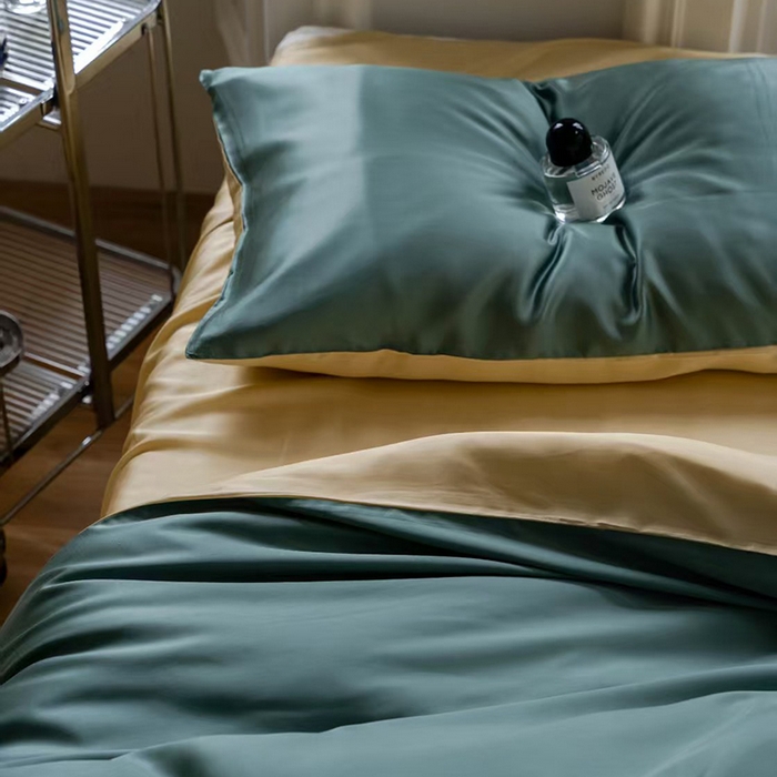 91家纺网 家纺一手货源 找家纺 未来家居 2025新款60S兰精天丝纯色四件套 天青色-香槟金