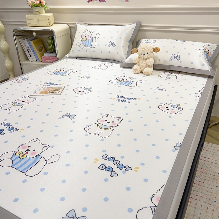 91家纺网 家纺一手货源 找家纺 摩妮卡 2025小清新数码冰丝席 碳光席三件套 蓝点萌犬