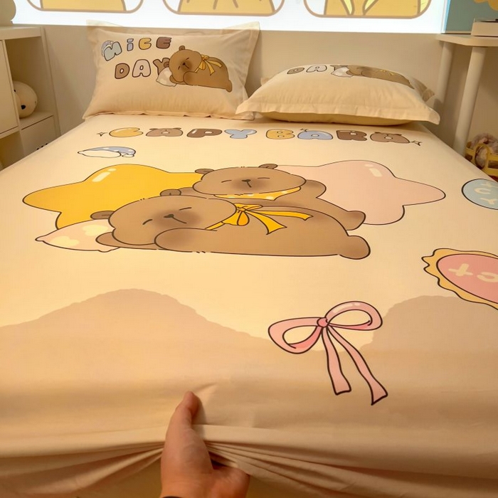 91家纺网 家纺一手货源 找家纺 浩诚2025新款卡皮巴拉原创IP全棉大版单床笠单枕套-有作品登记证书 睡梦巴拉